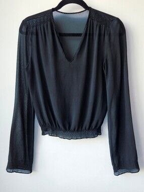 Roberto Cavalli Black Sheer V-Neck Slight Belle Sleeve Smocked Blouse